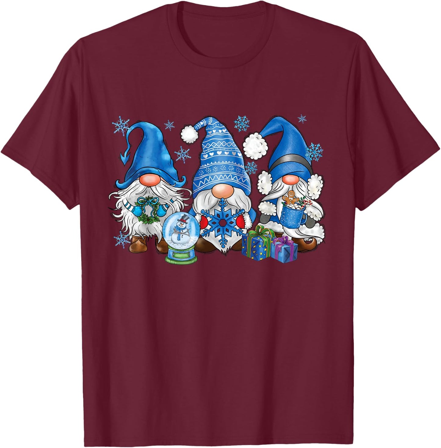 Snowman Gnomes in Blue Merry Christmas Gnomies Hello Winter T-Shirt - T-Shirt | Maroon