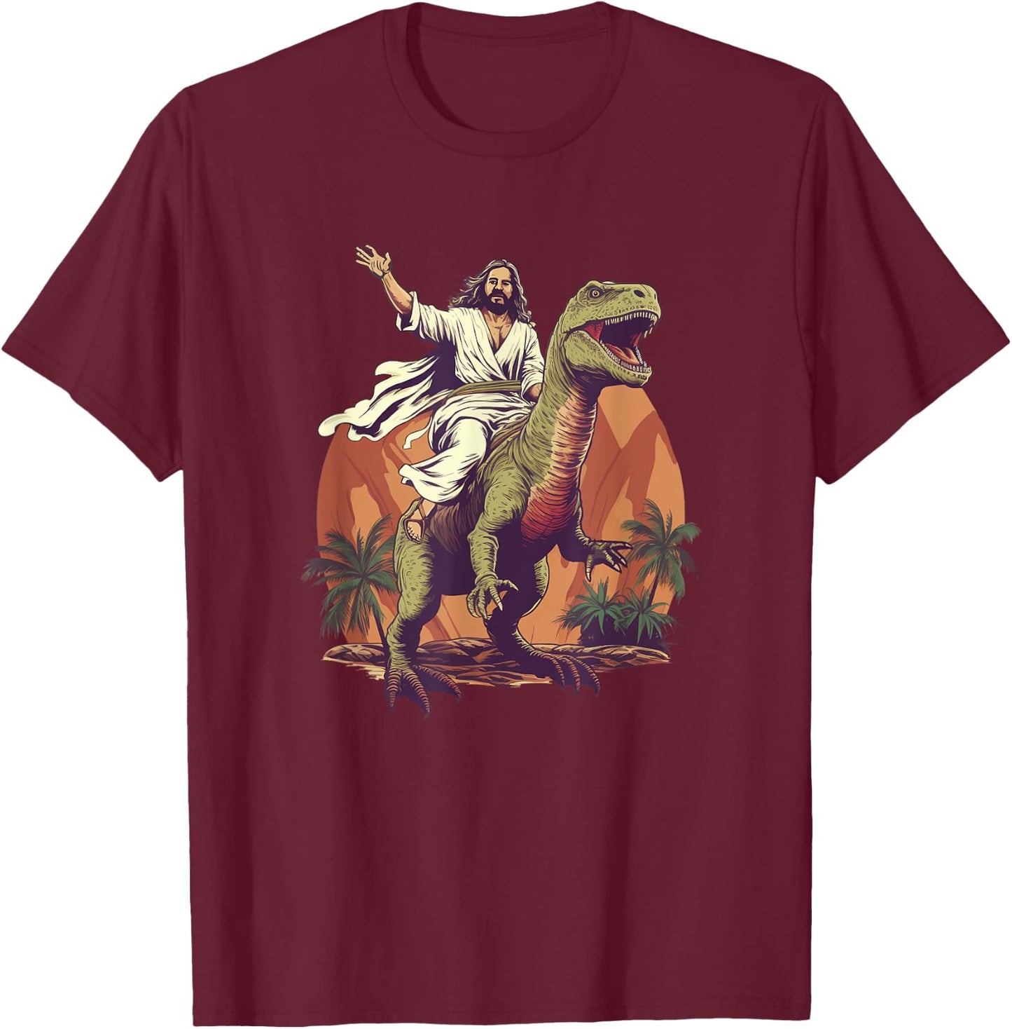Funny Jesus Riding T-Rex Dinosaur Meme Parody for Believers T-Shirt - T-Shirt | Maroon