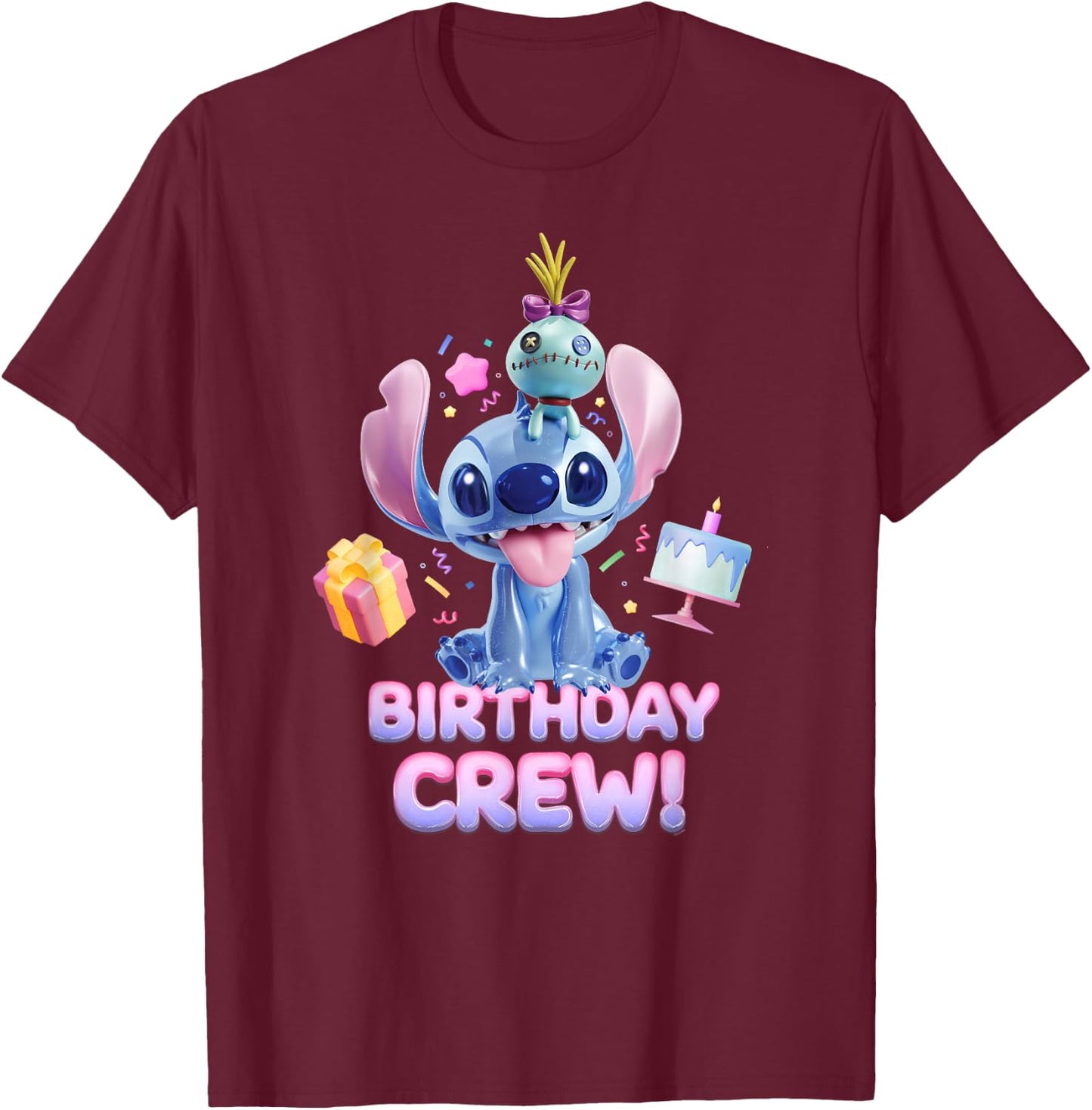 Disney Lilo & Stitch with Scrump Big Shiny Birthday Crew T-Shirt - T-Shirt | Maroon