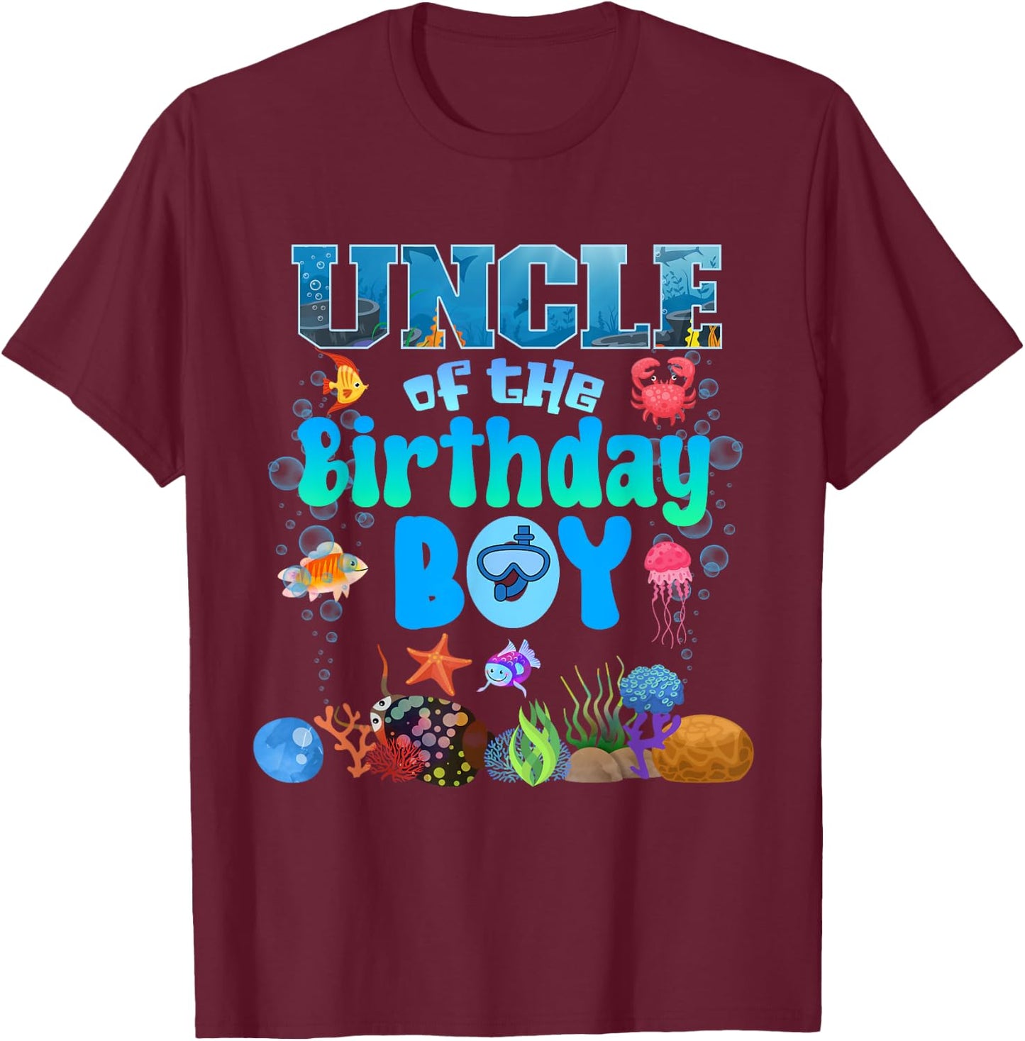 Uncle Of The Birthday Boy Aquarium Sea Animals Matching T-Shirt - T-Shirt | Maroon