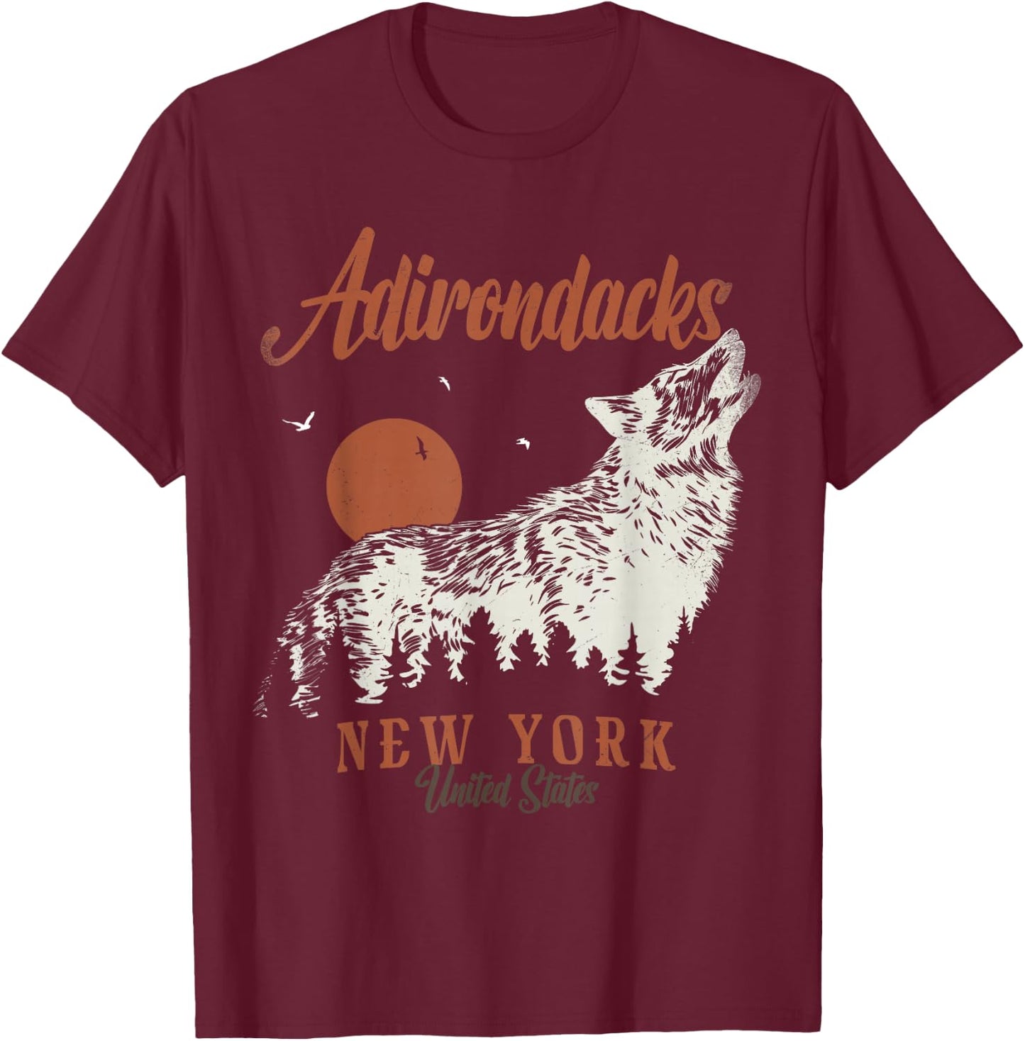 Vintage Adirondacks Mountains New York Forest Wolf T-Shirt - T-Shirt | Maroon