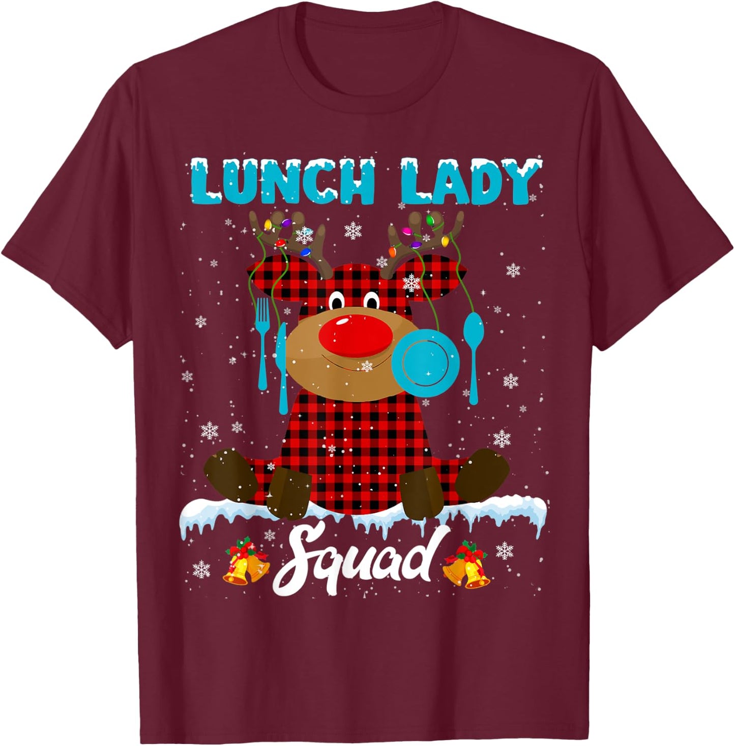 Lunch Lady Squad Xmas Lights Red Plaid Reindeer Lunch Lady T-Shirt - T-Shirt | Maroon