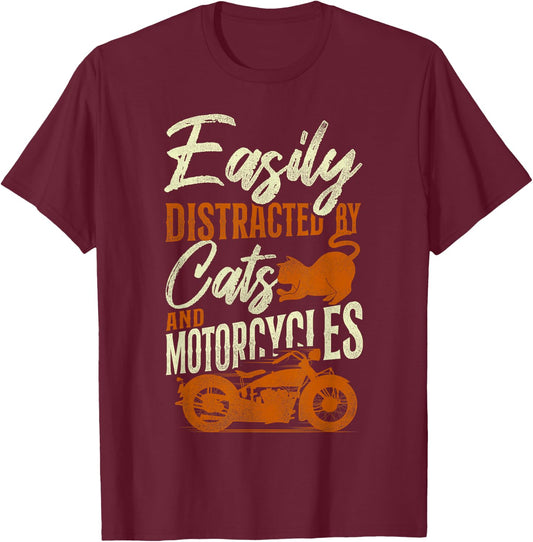 Classic Motorcycle Biker Cat Easily Distracted By Cats And T-Shirt - T-Shirt | Maroon