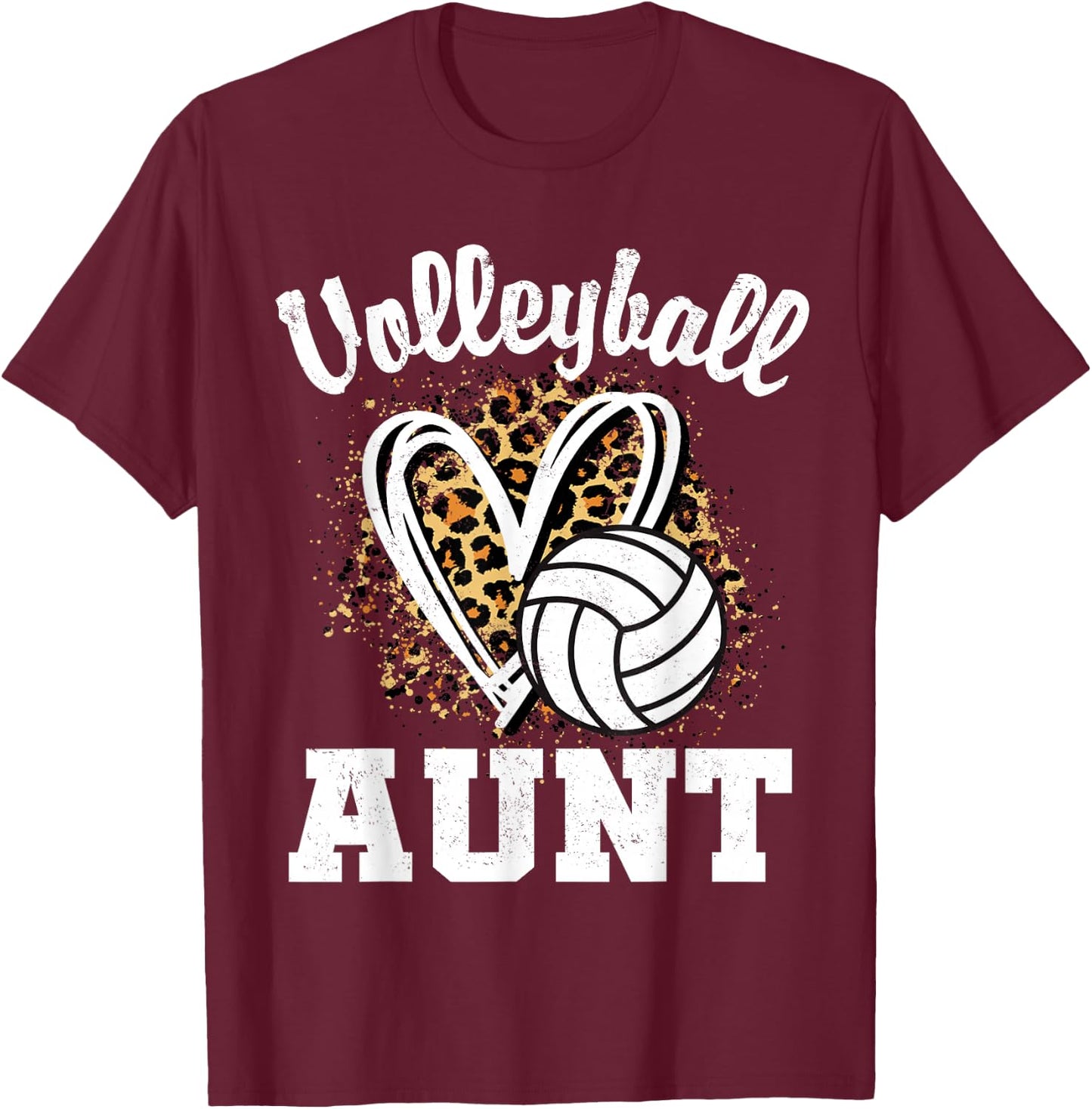 Volleyball Aunt Leopard Heart T-Shirt - T-Shirt | Maroon