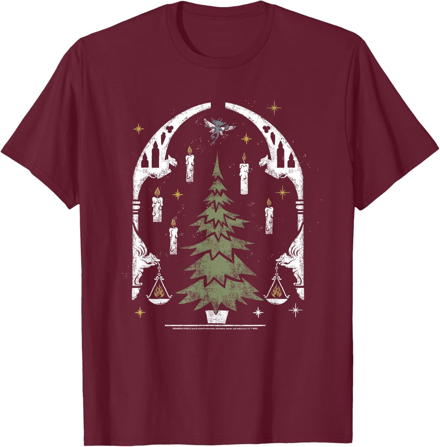Harry Potter Hogwarts Great Hall Christmas Tree Stamp T-Shirt - T-Shirt | Maroon