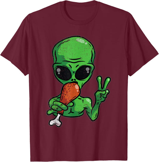 Alien Eating Turkey Thanksgiving Day Funny UFO Fall Autumn T-Shirt - T-Shirt | Maroon
