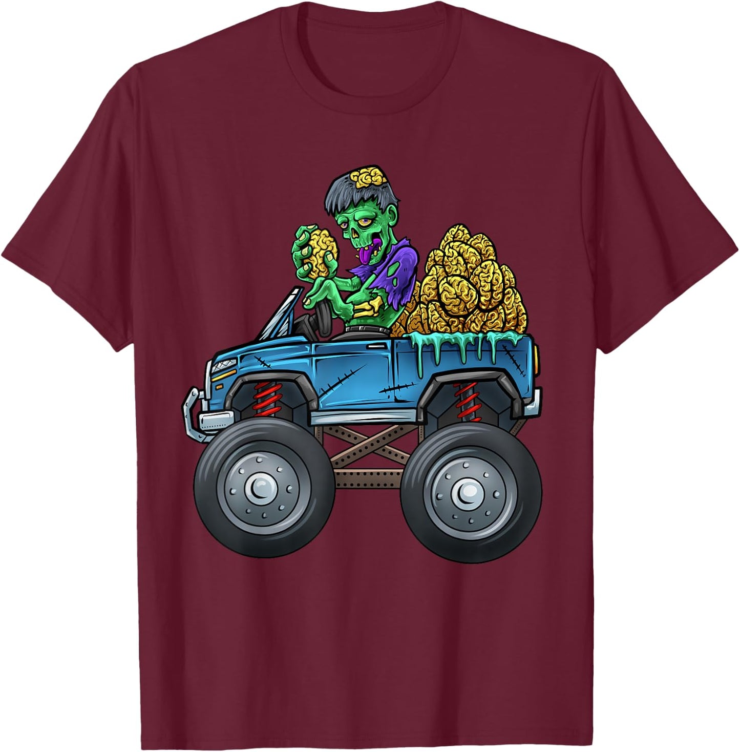 Monster Truck Driving Zombie Eating Brains Halloween Truck T-Shirt - T-Shirt | Maroon