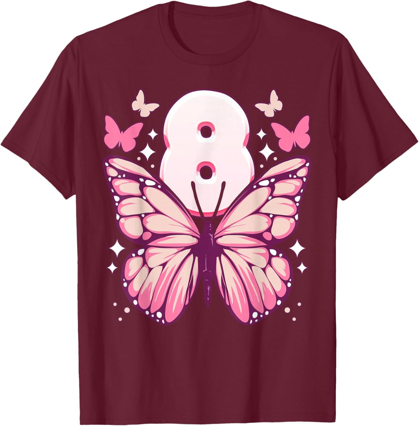 Birthday Girl 8 Years, Butterflies and Number 8 T-Shirt - T-Shirt | Maroon