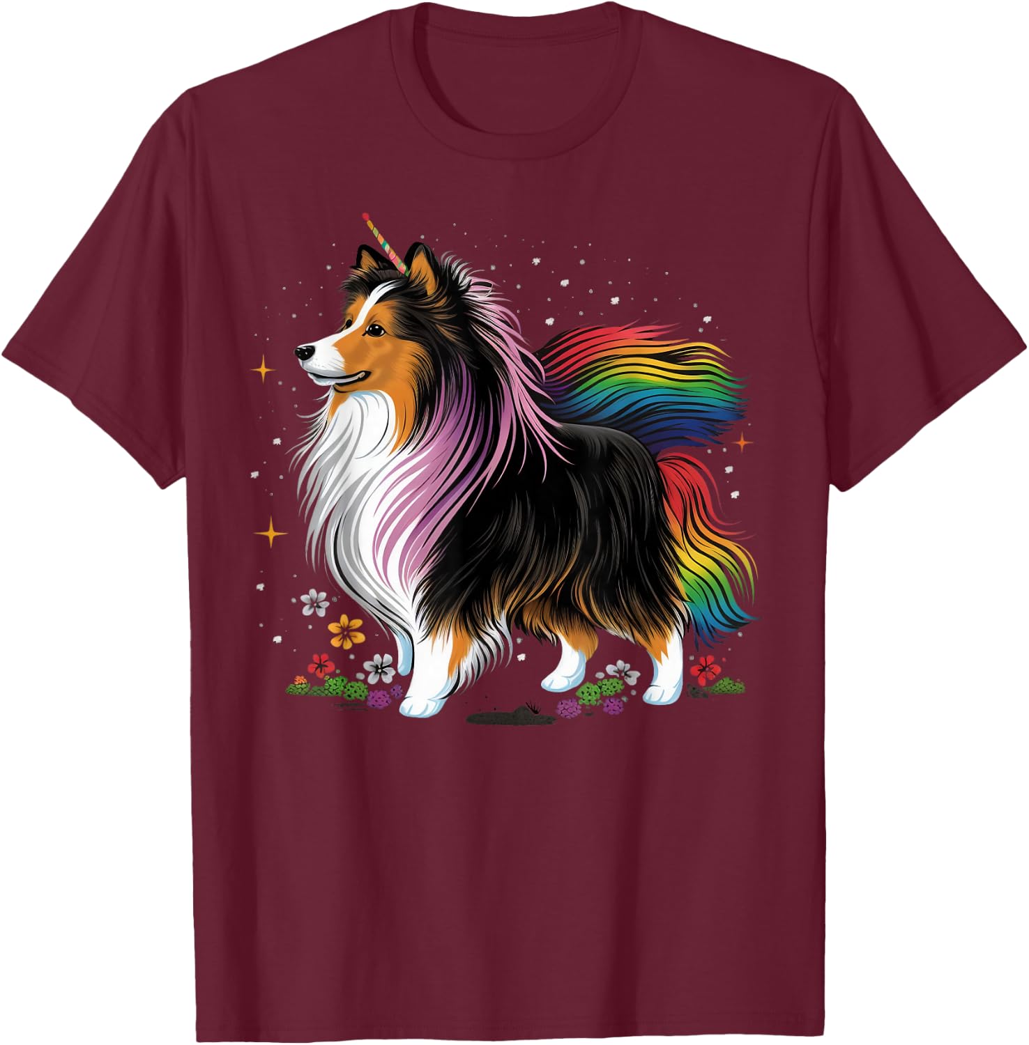 Sheltie Unicorn on Rainbow Unicorn Shetland Sheepdog T-Shirt - T-Shirt | Maroon
