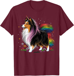 Sheltie Unicorn on Rainbow Unicorn Shetland Sheepdog T-Shirt - T-Shirt | Maroon
