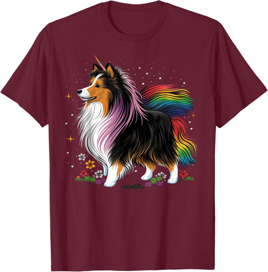 Sheltie Unicorn on Rainbow Unicorn Shetland Sheepdog T-Shirt - T-Shirt | Maroon