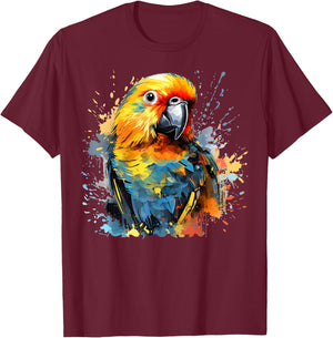 Colorful Splash Art Sun Conure Parrot Lover T-Shirt - T-Shirt | Maroon
