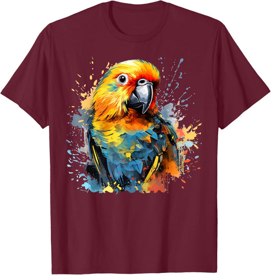 Colorful Splash Art Sun Conure Parrot Lover T-Shirt - T-Shirt | Maroon