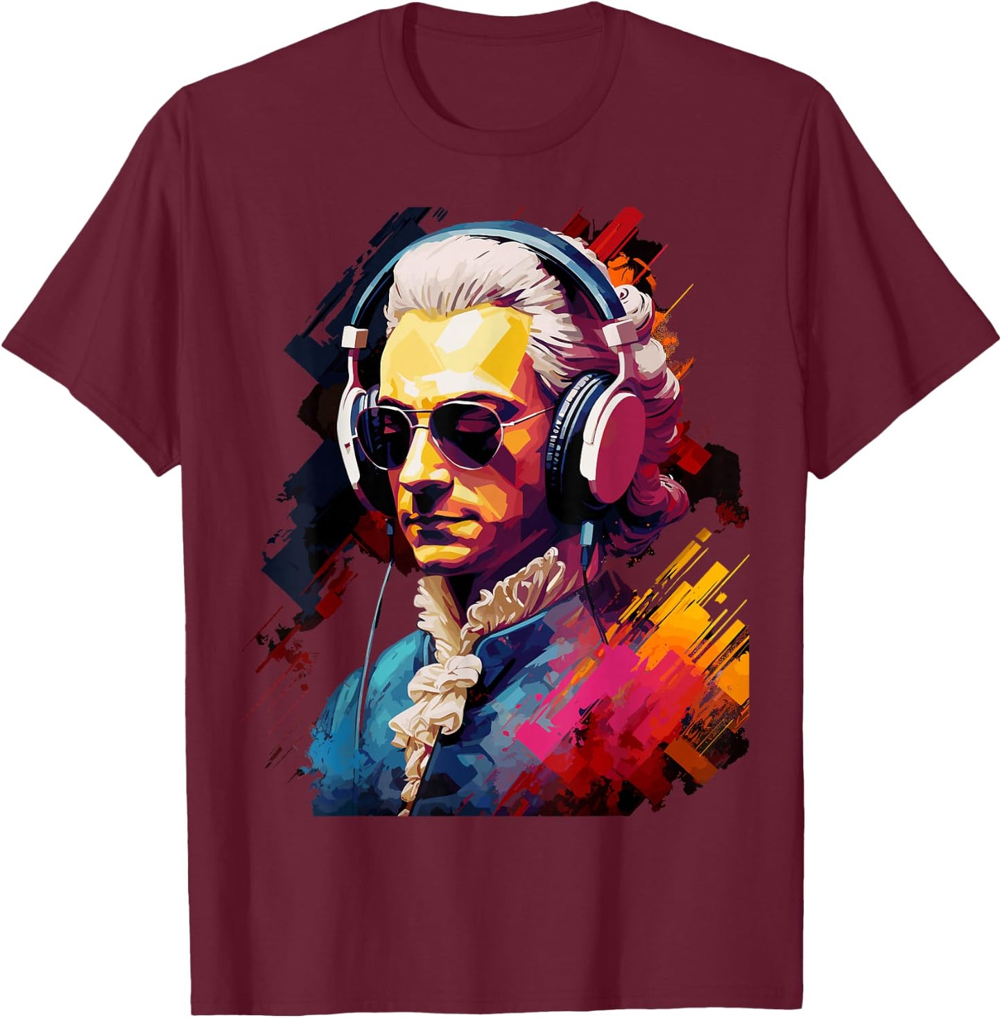 Colorful Mozart With Headphones - Classic Music Themed T-Shirt - T-Shirt | Maroon