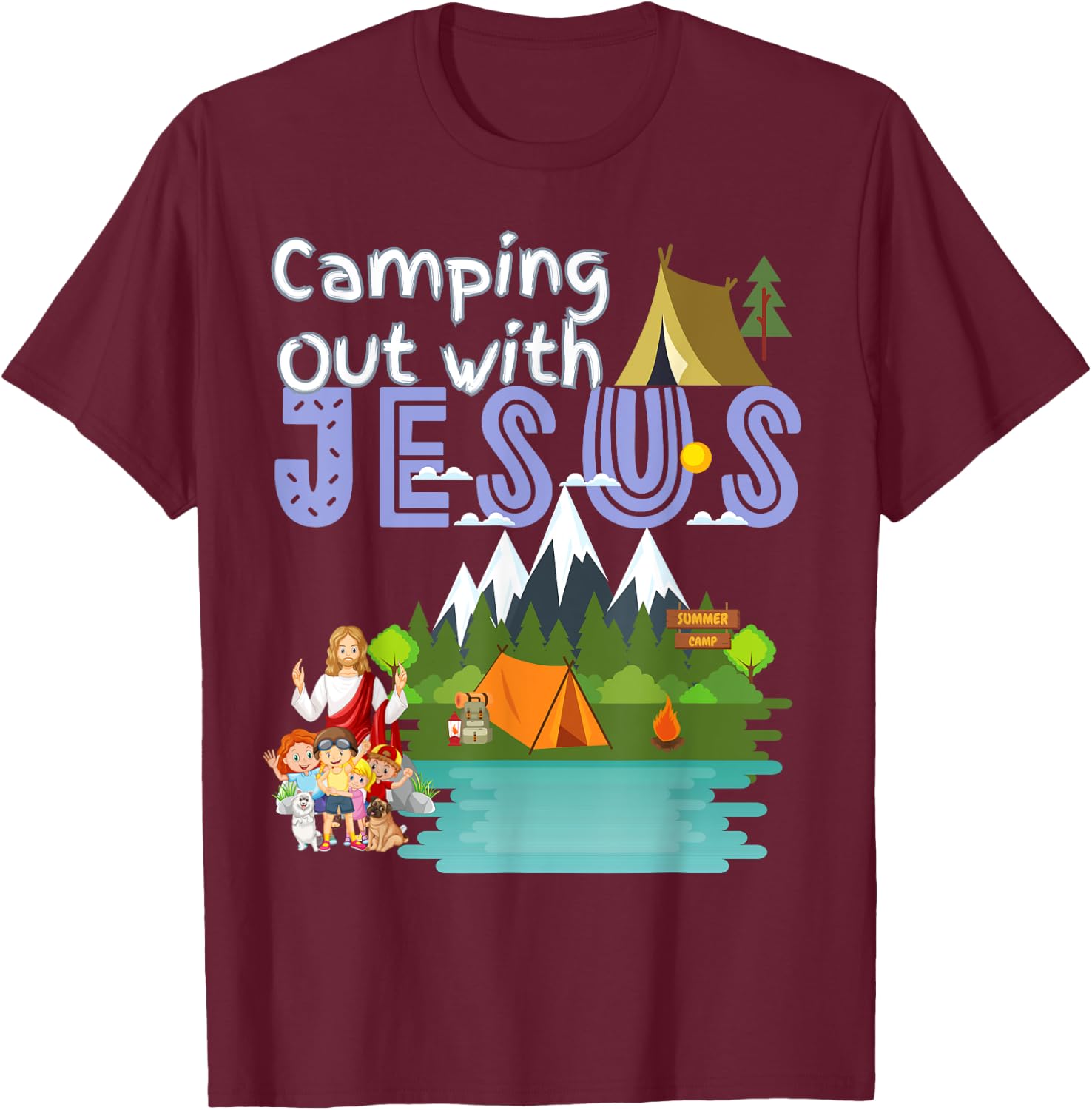Camping Out With Jesus Summer Camp VBS Christian Kids T-Shirt - T-Shirt | Maroon