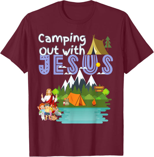 Camping Out With Jesus Summer Camp VBS Christian Kids T-Shirt - T-Shirt | Maroon