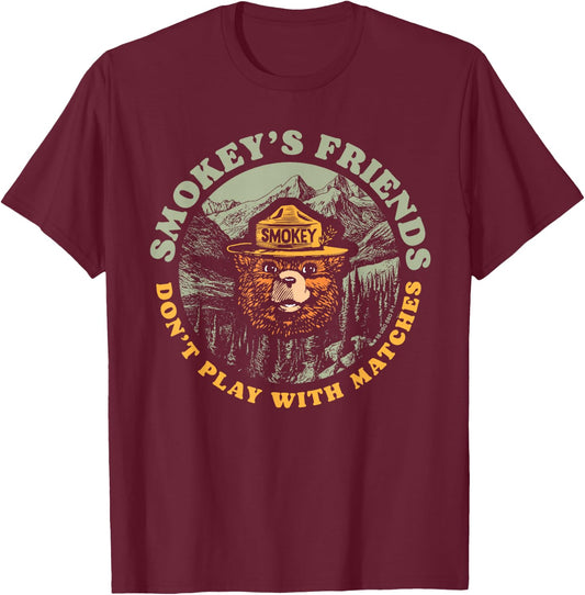 Smokey's Friends Don't Play with Matches Retro Smokey Bear T-Shirt - T-Shirt | Maroon
