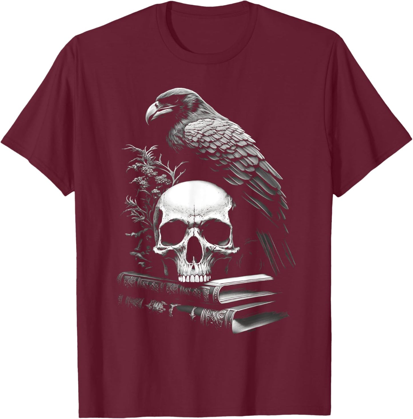 Raven Bird, Skull And Books Witchy Occult Academia Symbolism T-Shirt - T-Shirt | Maroon