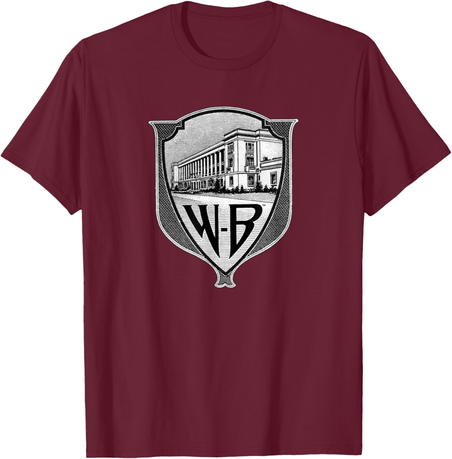 WB100 Vintage Warner Bros. Movie Studio Badge Logo T-Shirt - T-Shirt | Maroon
