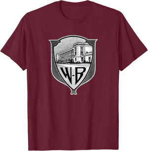 WB100 Vintage Warner Bros. Movie Studio Badge Logo T-Shirt - T-Shirt | Maroon