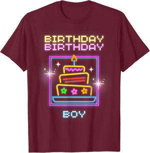 Birthday Boy with Neon Cake T-Shirt - T-Shirt | Maroon