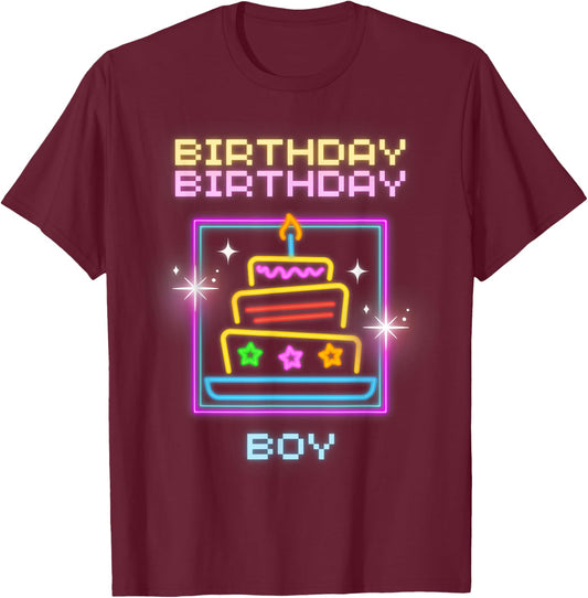 Birthday Boy with Neon Cake T-Shirt - T-Shirt | Maroon