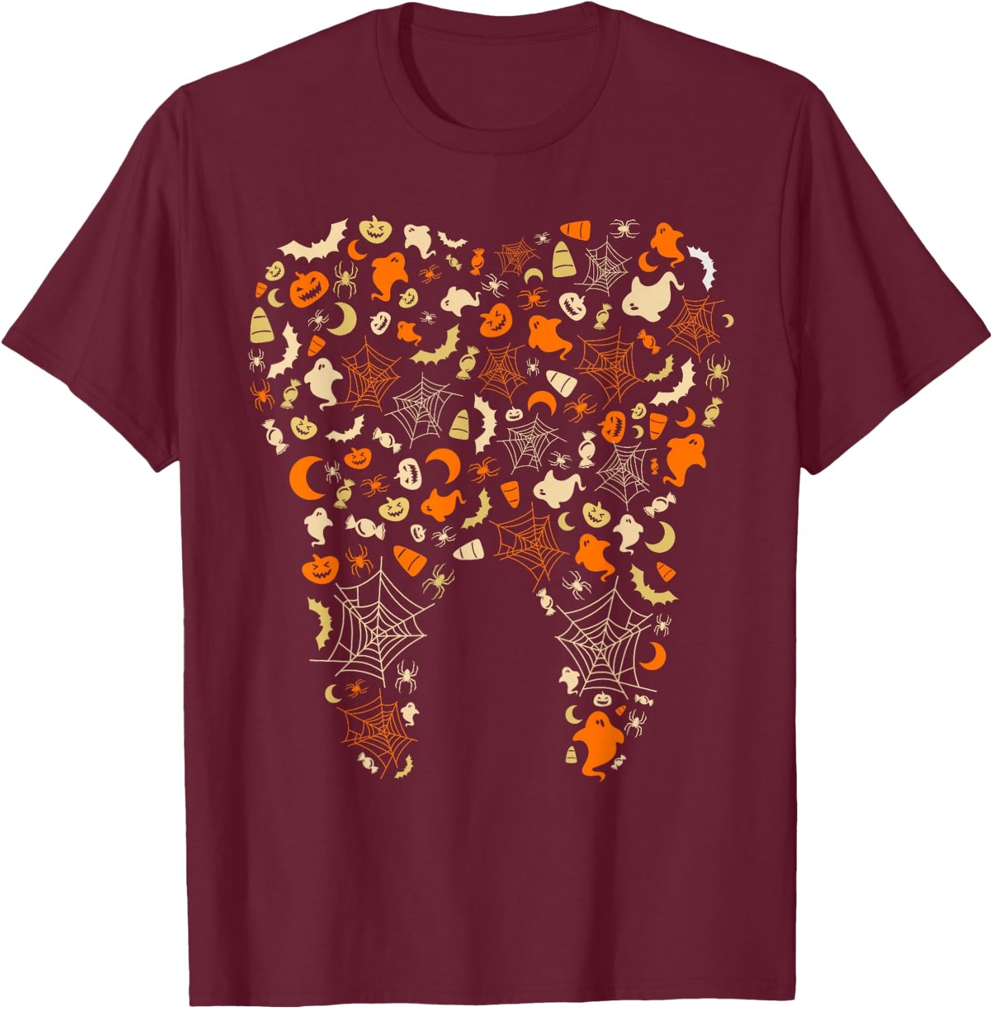 Ghosts & Pumpkins Spider Webs Tooth Dental Squad Halloween T-Shirt - T-Shirt | Maroon