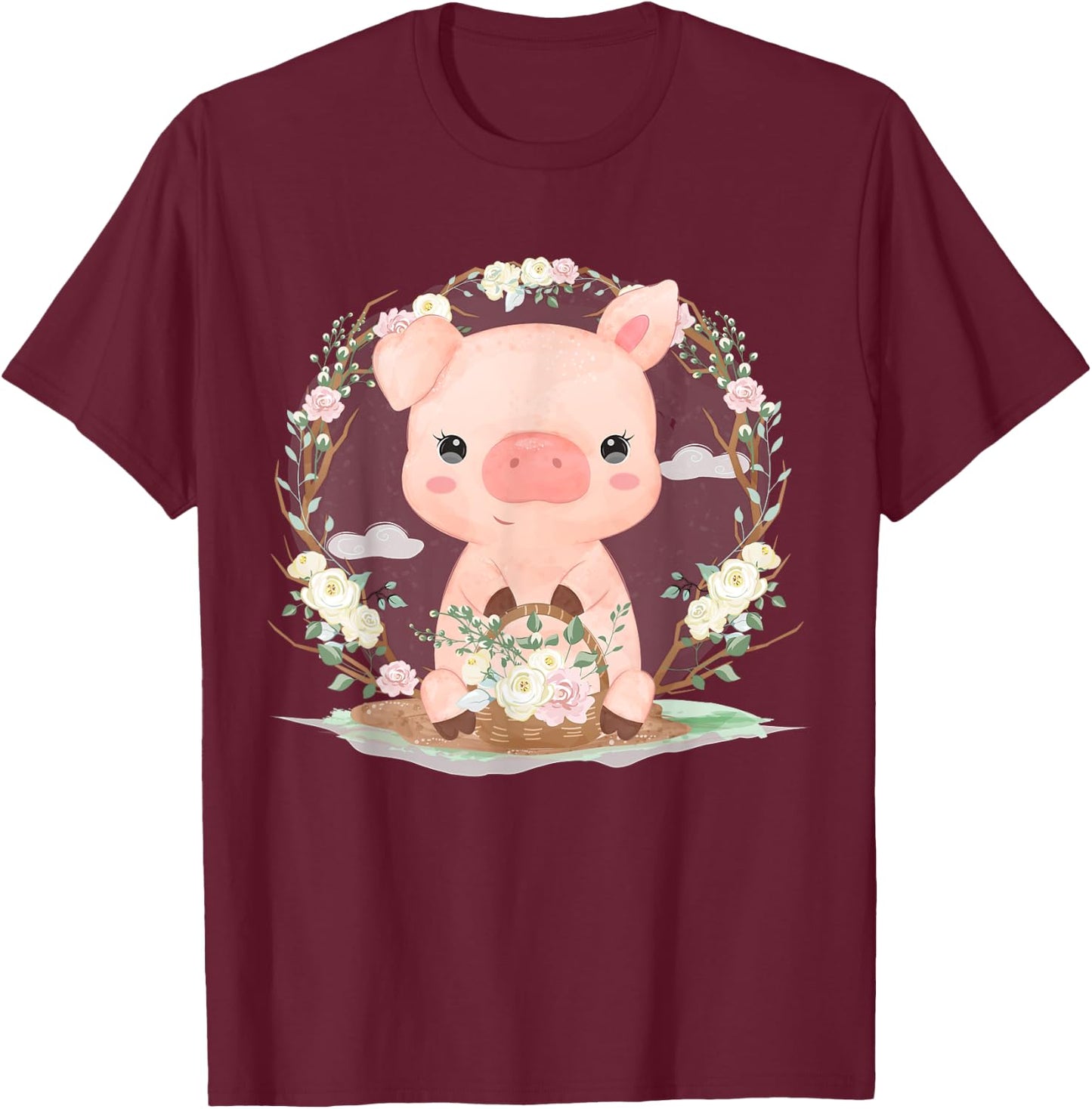 Adorable Little Pig With Flowers T-Shirt - T-Shirt | Maroon
