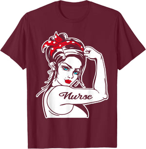 Female Nurse Rosie The Riveter Pin Up Girl Nurse T-Shirt - T-Shirt | Maroon