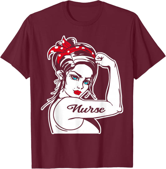 Female Nurse Rosie The Riveter Pin Up Girl Nurse T-Shirt - T-Shirt | Maroon