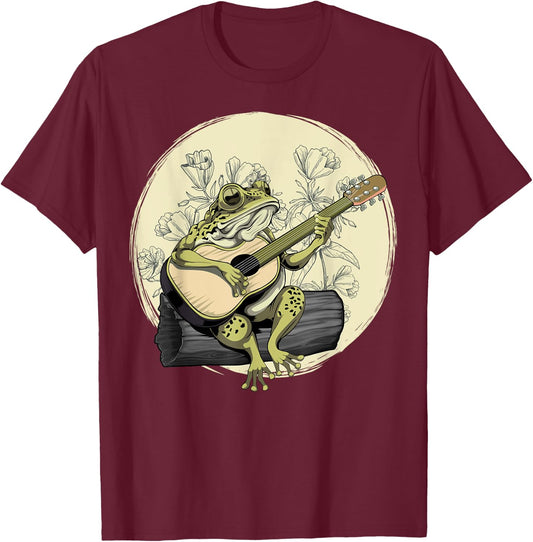 Cottagecore Aesthetic Frog Toad Playing Guitar Banjo on Log T-Shirt - T-Shirt | Maroon