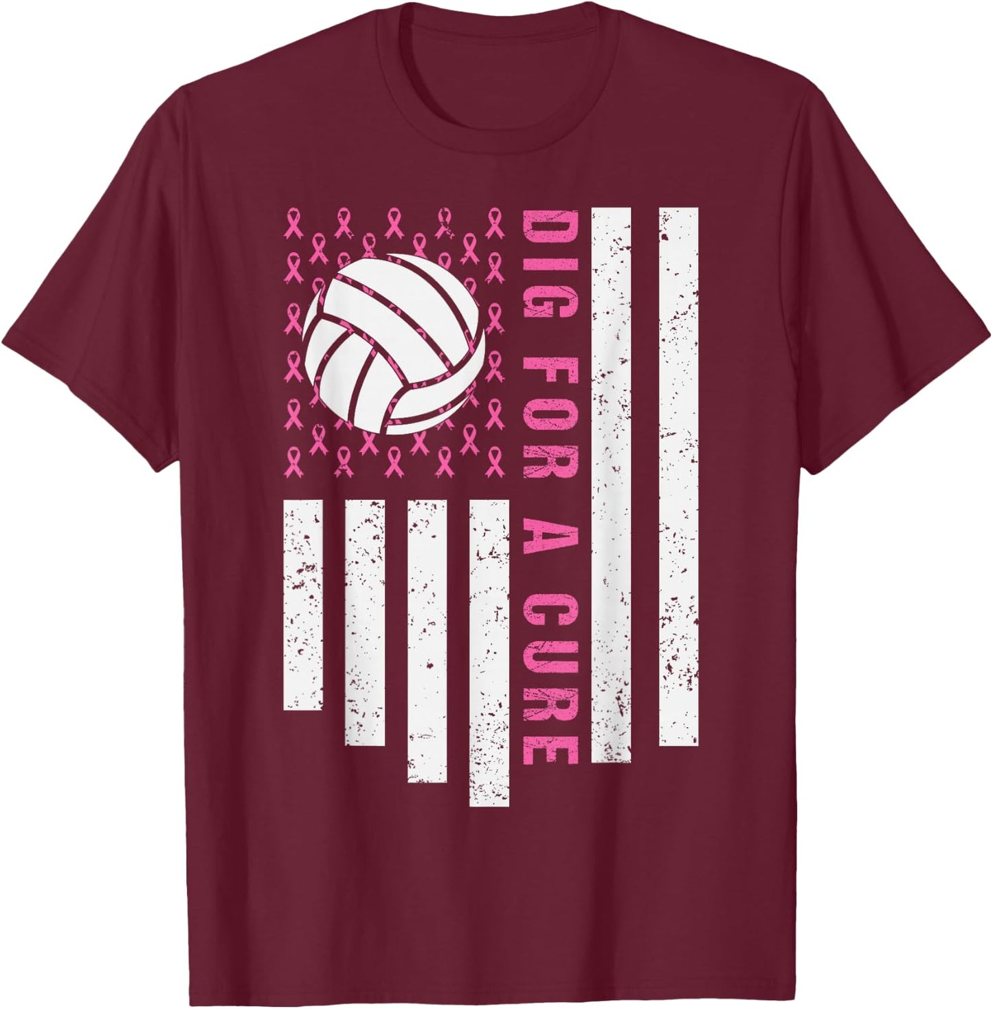 Dig For A Cure Breast Cancer Awareness Volleyball Pink Out T-Shirt - T-Shirt | Maroon