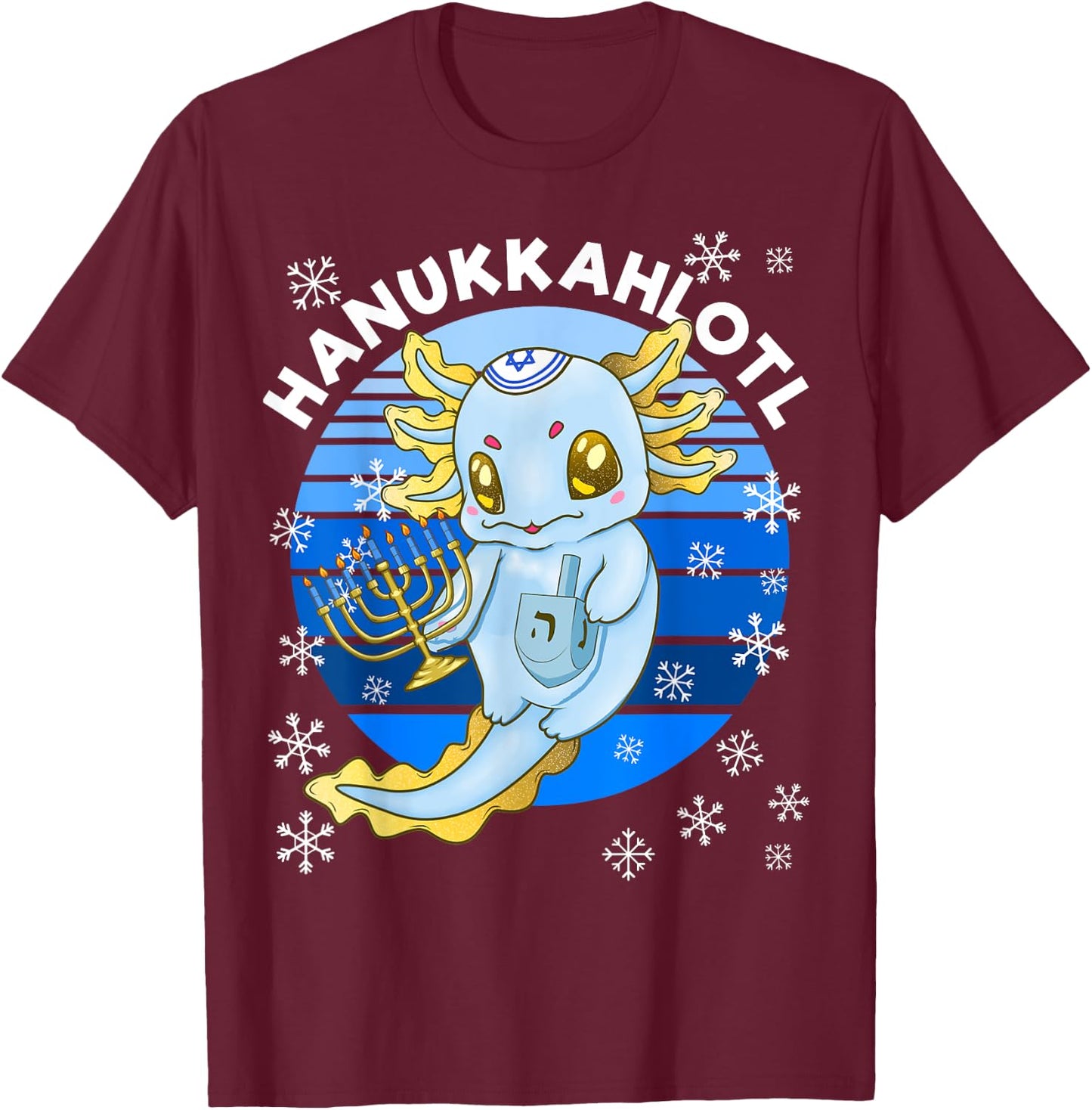 Axolotl Hanukkah With Dreidel Menorah Men Women Kids T-Shirt - T-Shirt | Maroon
