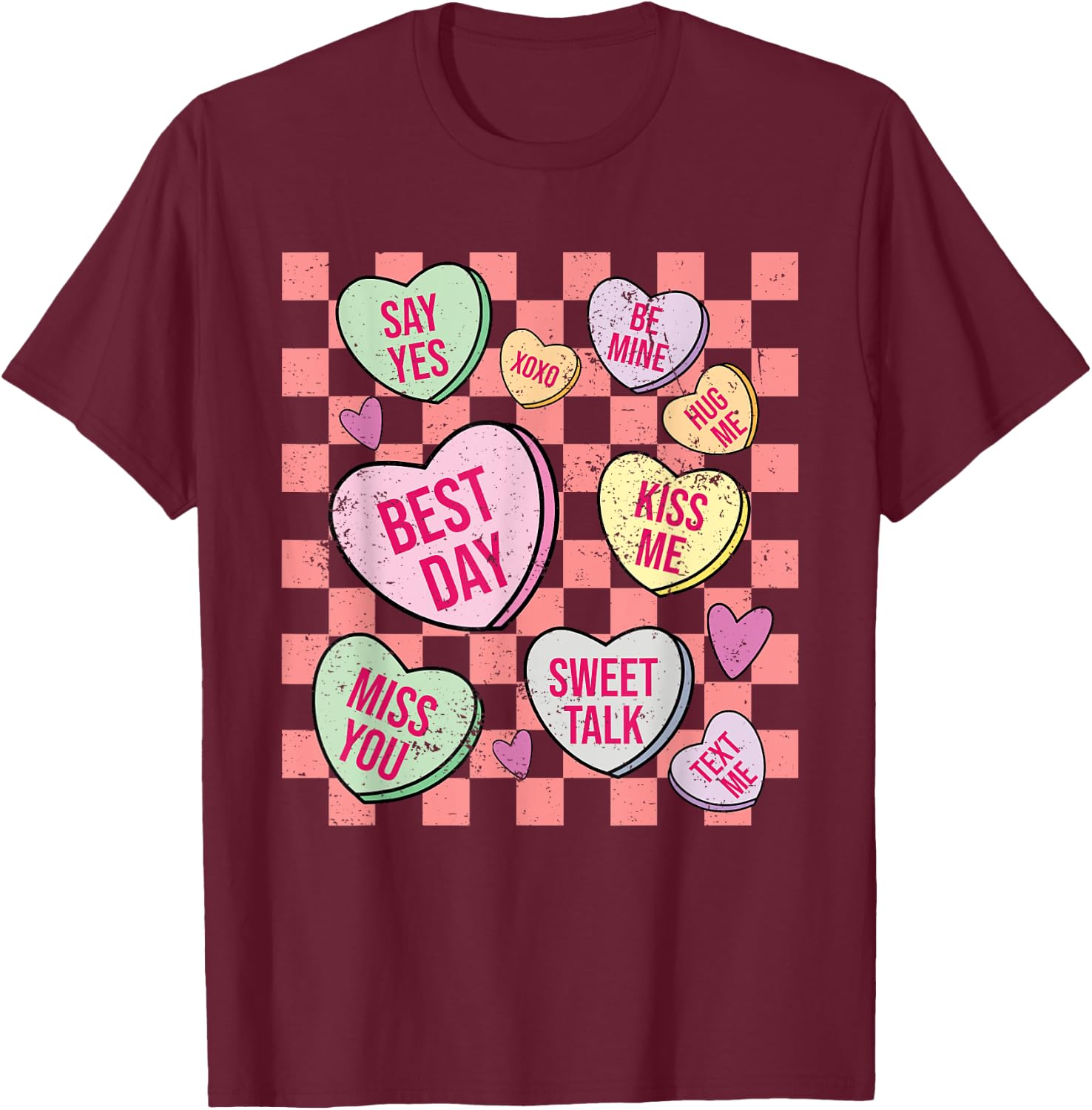 Retro Valentines Day Candy Conversation Hearts Girls T-Shirt - T-Shirt | Maroon