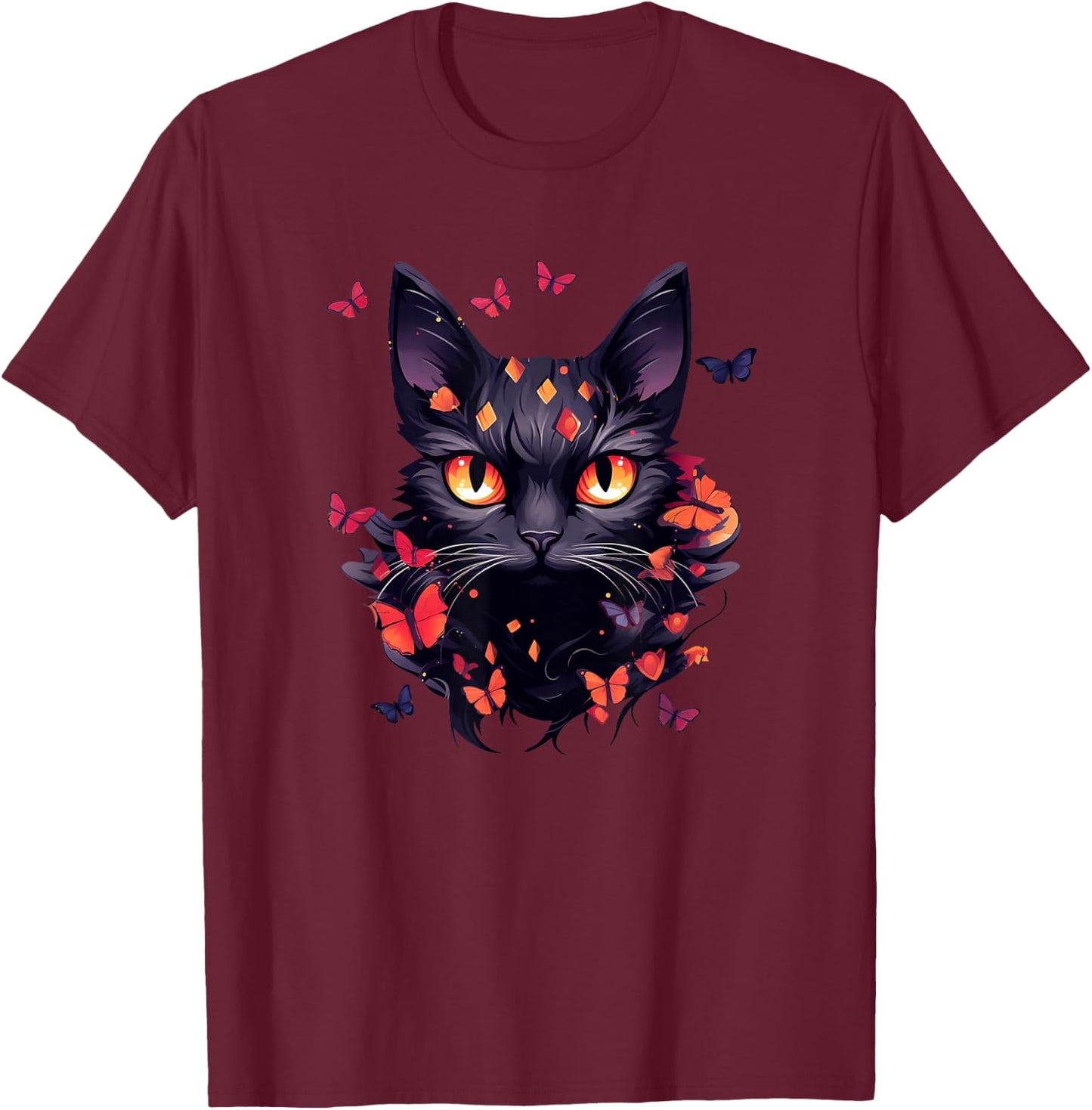 Black Cat with Butterflies Butterfly Cats Animal T-Shirt - T-Shirt | Maroon