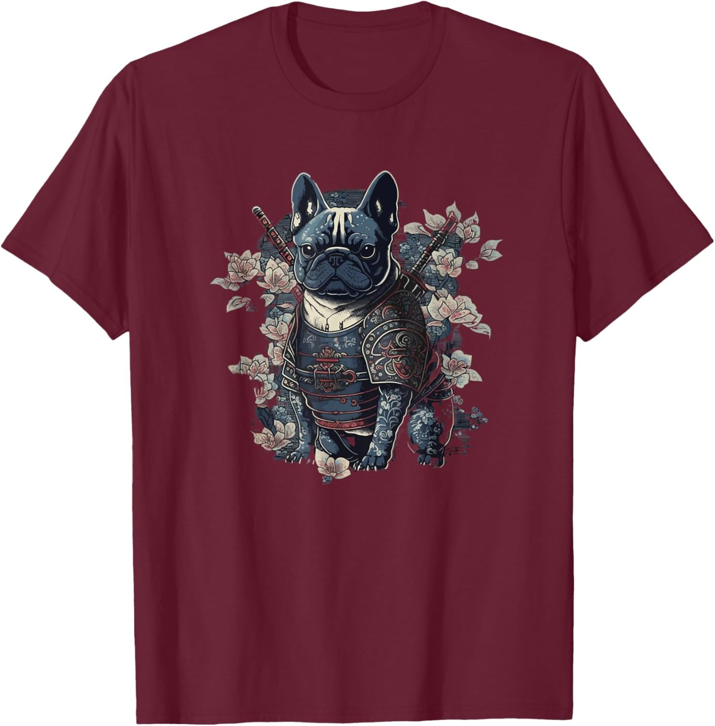 Japanese Samurai Frenchie French Bulldog, Vintage Ninja T-Shirt - T-Shirt | Maroon