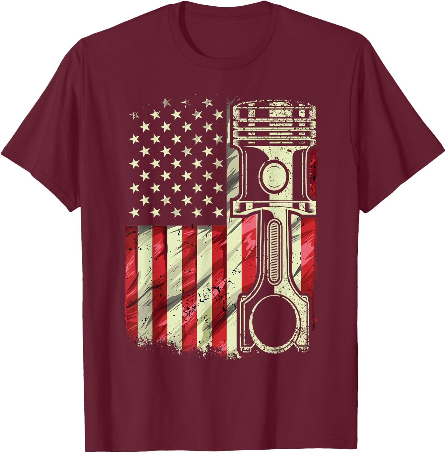 Mechanic American Flag Piston Muscle Car Patriotic Vintage T-Shirt - T-Shirt | Maroon
