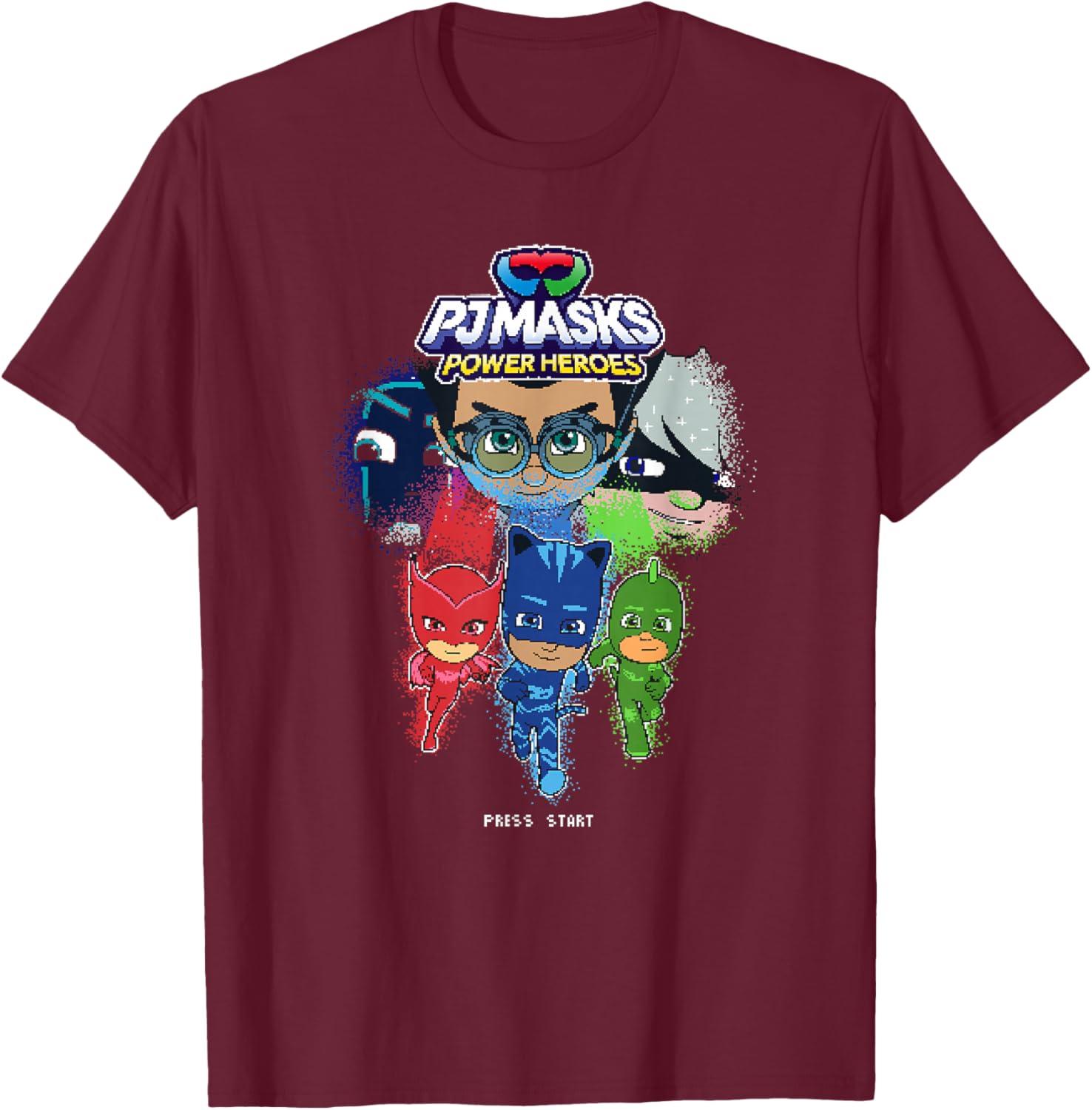 PJ Masks Group Shot Video Game Glitch Logo T-Shirt - T-Shirt | Maroon