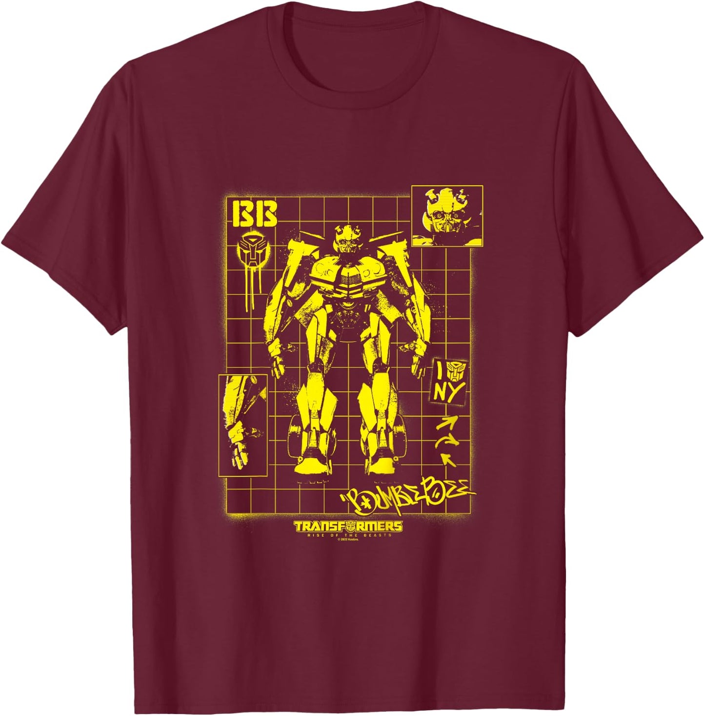 Kids Transformers: Rise of The Beasts Bumblebee Schematics Retro T-Shirt - T-Shirt | Maroon