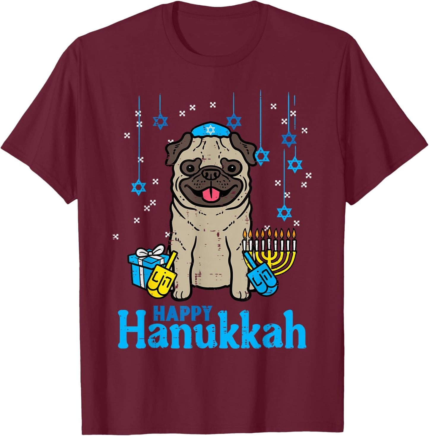 Happy Hanukkah Dog Pug Cute Chanukah Jewish Men Women Kids T-Shirt - T-Shirt | Maroon