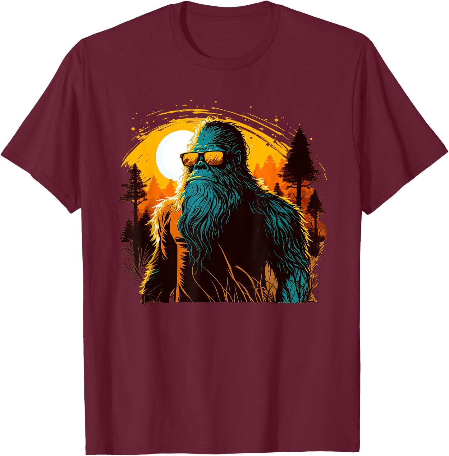 Cool Bigfoot Sasquatch Sunset Forest Retro Cryptid yeti T-Shirt - T-Shirt | Maroon