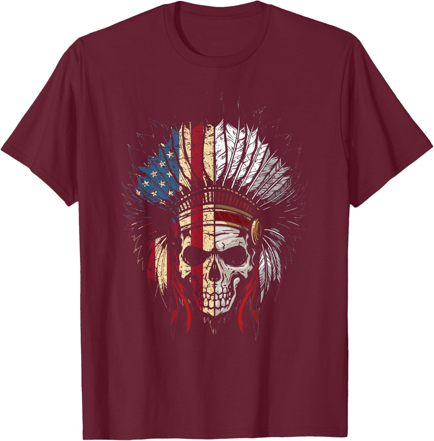 American Native Headdress USA Flag Indian Skull Women Men T-Shirt - T-Shirt | Maroon