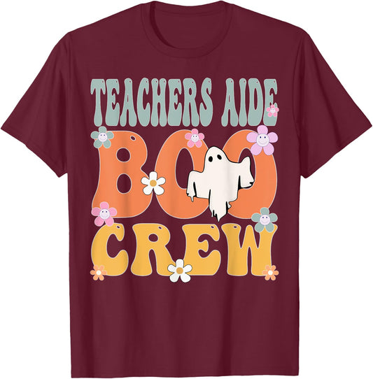 Teachers Aide Boo Crew Ghost Groovy Halloween T-Shirt - T-Shirt | Maroon