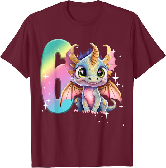 6th Birthday Shirt Dragon Party Rainbow Girl Dragon Cute Six T-Shirt - T-Shirt | Maroon