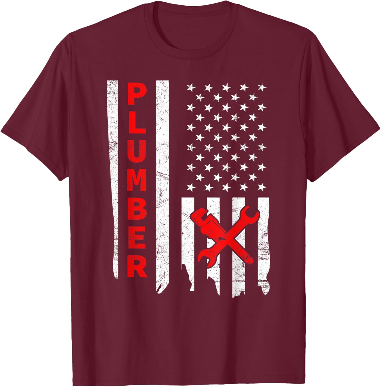 Plumber USA Flag Pipe Wrench Tradesman plumbing Pipefitter T-Shirt - T-Shirt | Maroon