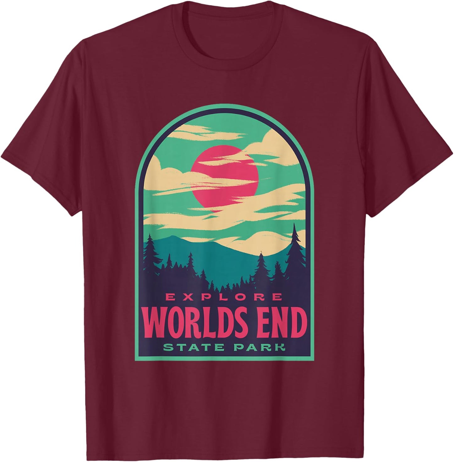 Worlds End State Park Retro Sunset T-Shirt - T-Shirt | Maroon