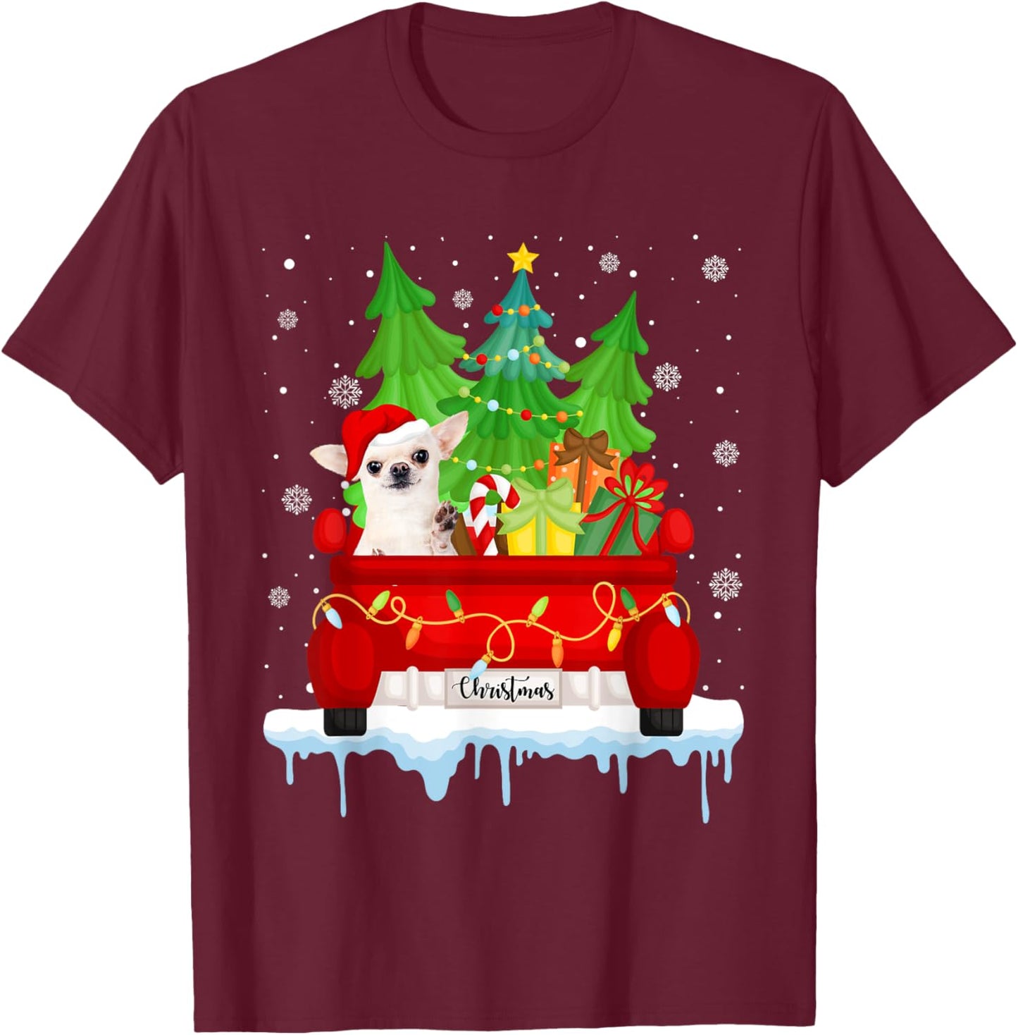 Red Truck Merry Christmas Tree Xmas Chihuahua Dog T-Shirt - T-Shirt | Maroon