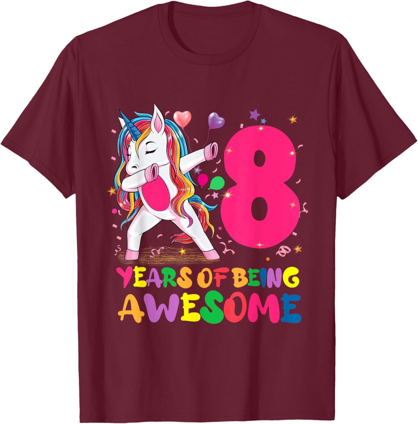 8 Years Old Unicorn Flossing 8th Birthday Unicorn Girl Party T-Shirt - T-Shirt | Maroon