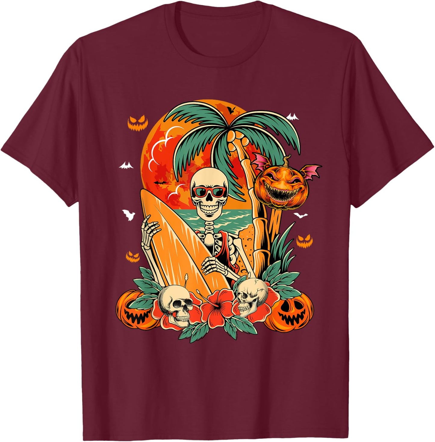 Skeleton Surfer Halloween Hawaiian Floral Carved Pumpkins T-Shirt - T-Shirt | Maroon
