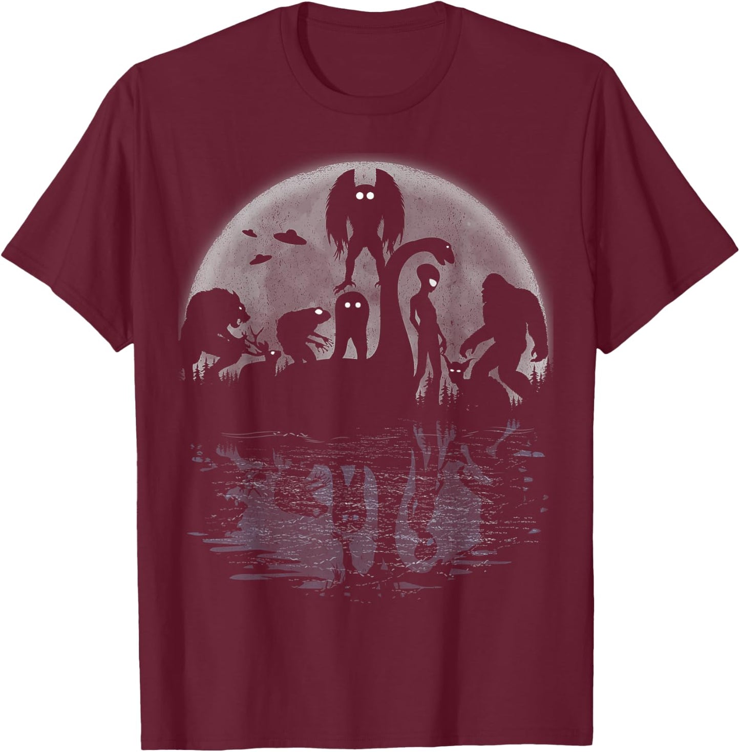 Bigfoot Loch Ness Monster Mothman And Aliens Funny Cryptid T-Shirt - T-Shirt | Maroon